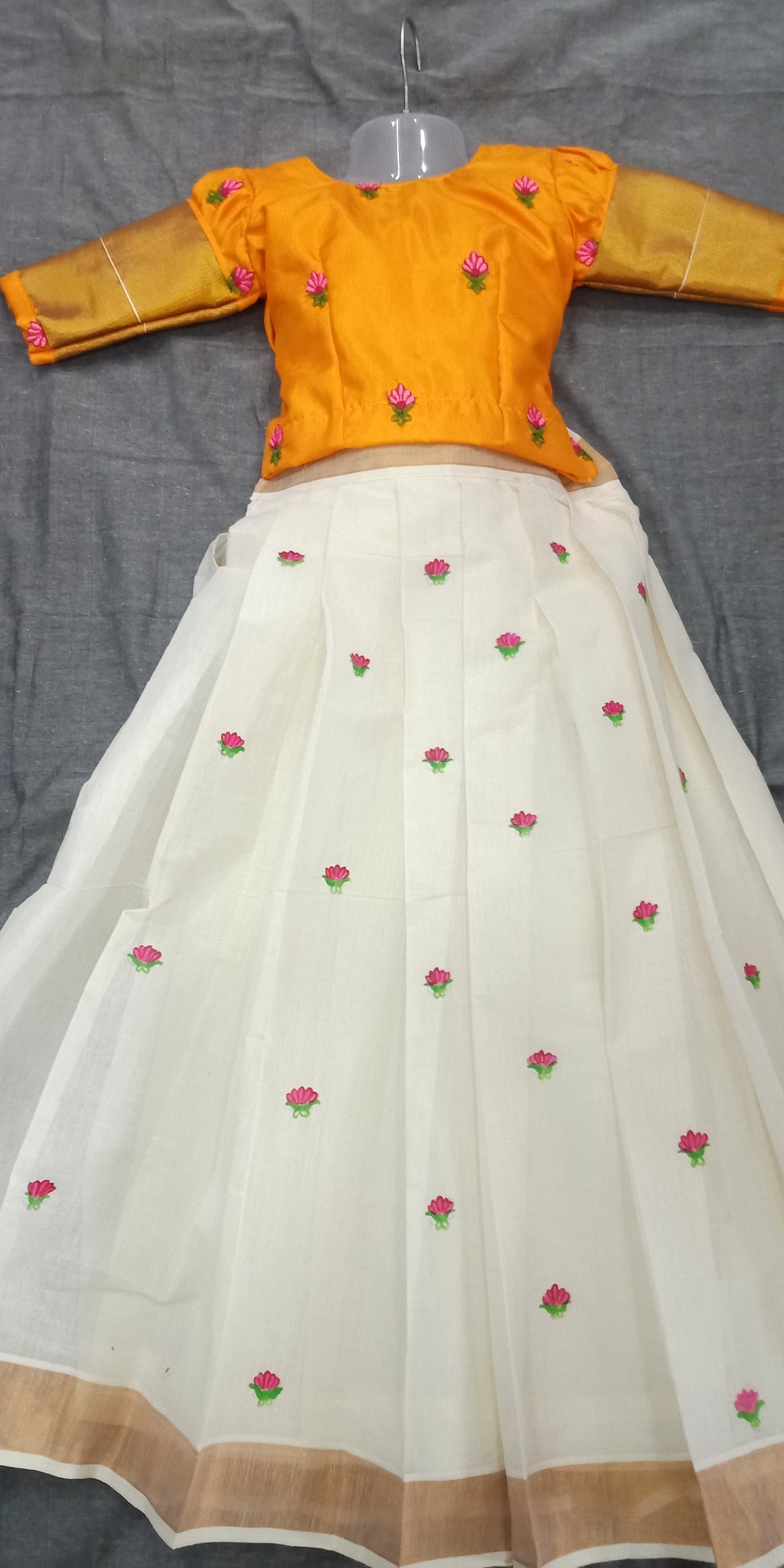 Designer flower embroidery top kerala onam pattu pavada with flower hand painting