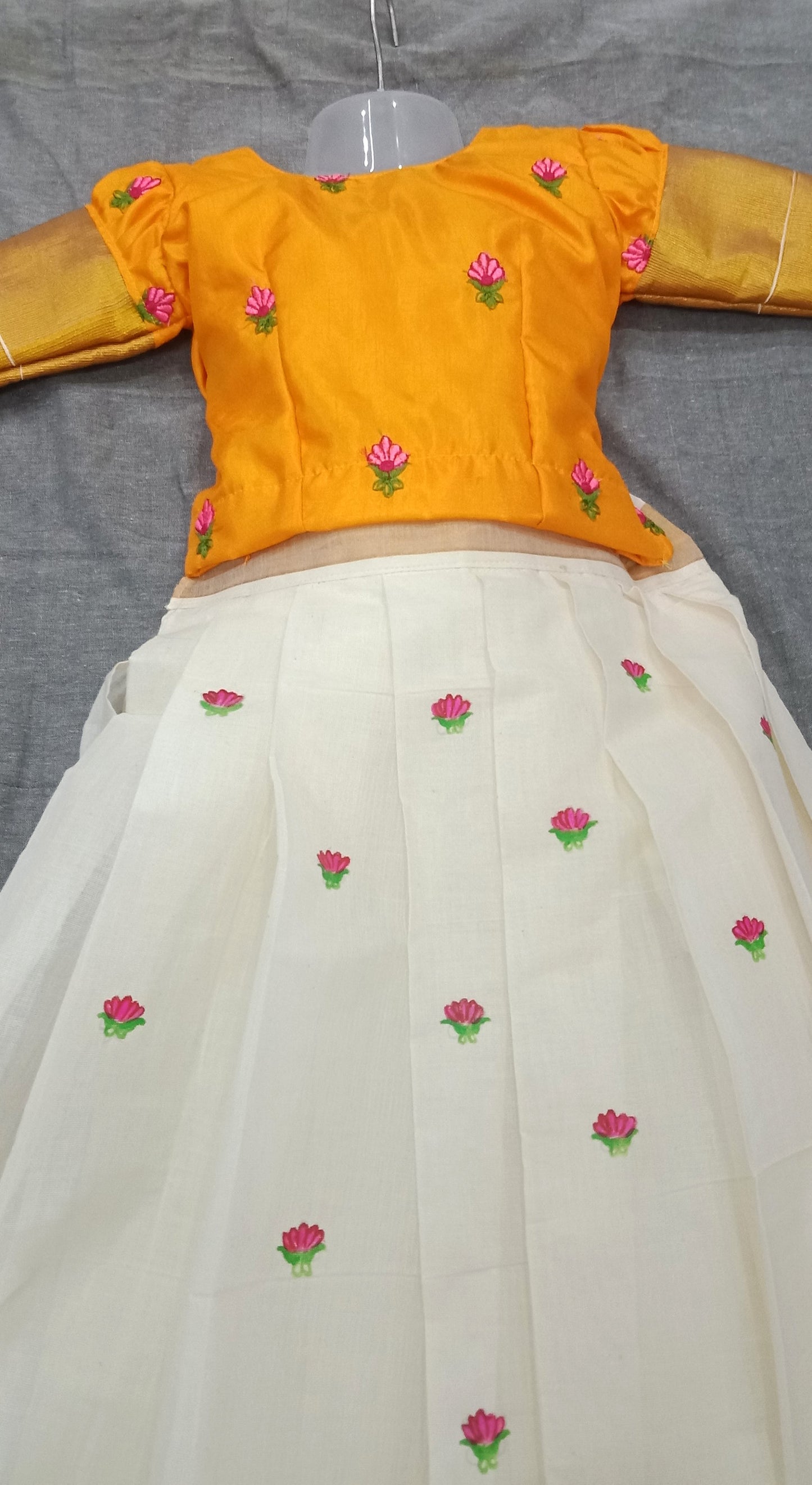 Designer flower embroidery top kerala onam pattu pavada with flower hand painting