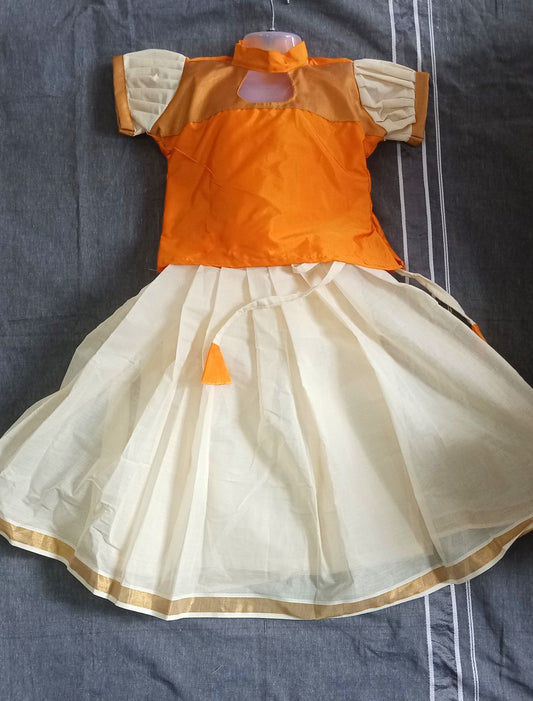 Designer type kerala style cotton pattu pavada lehenga for girls