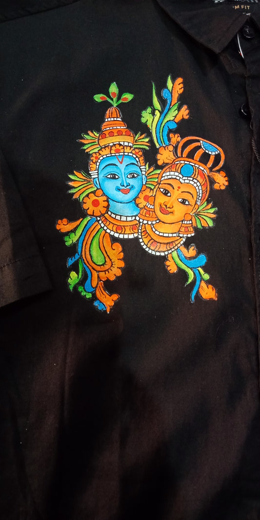 Colorful krishna Radha hand mural painting on black shirt