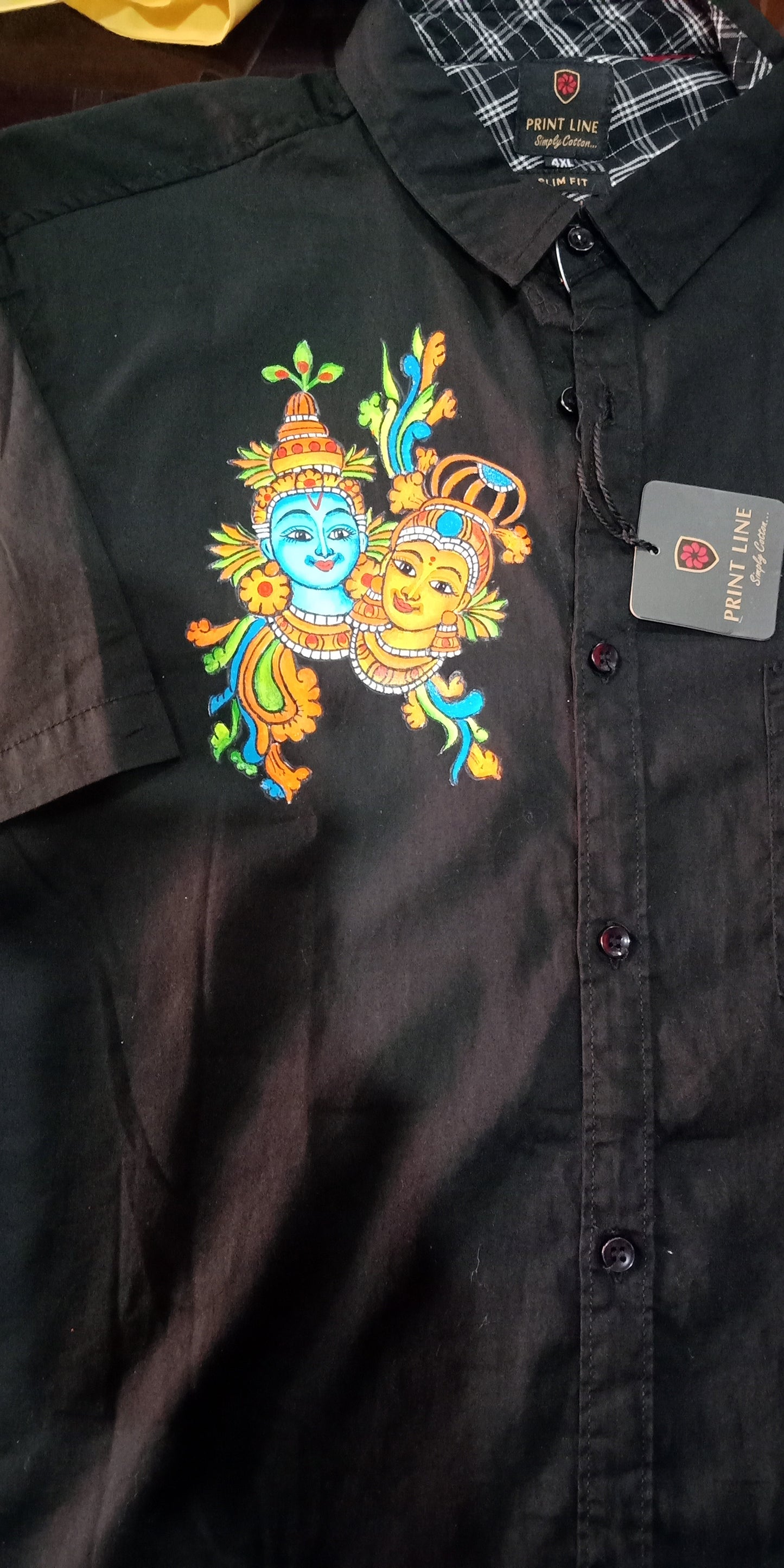 Colorful krishna Radha hand mural painting on black shirt