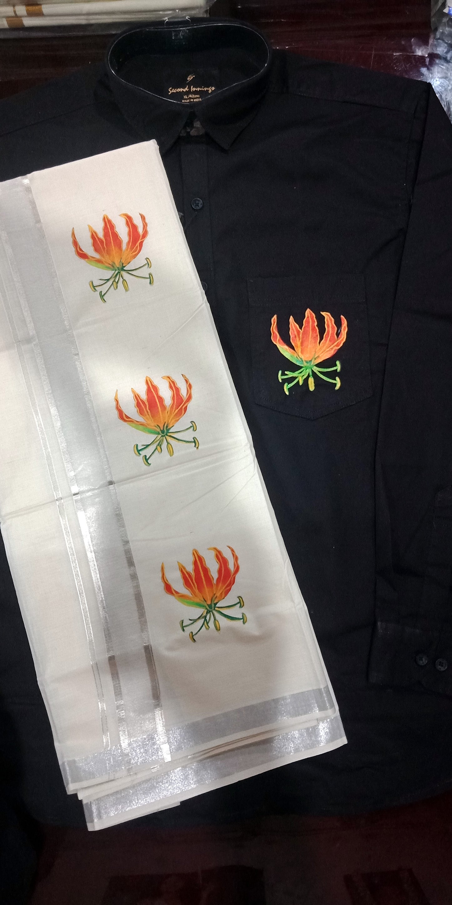 Karthikaipoo flower hand painting on black shirt