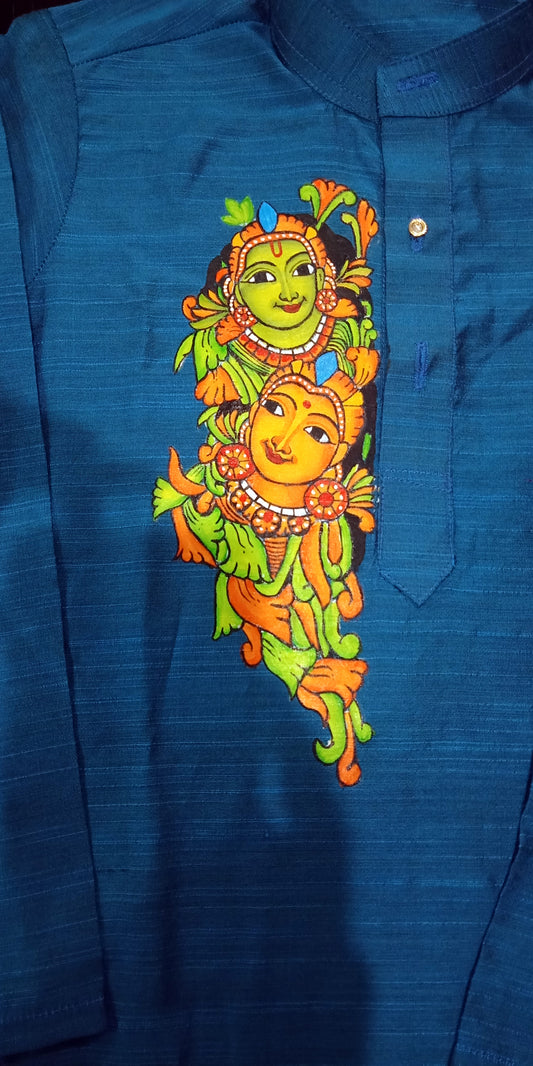 Krishna Radha hand mural painting on silk blue kurta