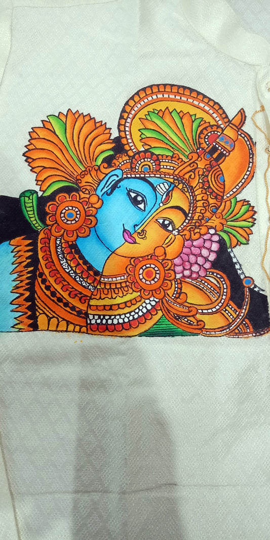 Ardhanarishvara shiva parvathi hand mural painting on cream silk kurta
