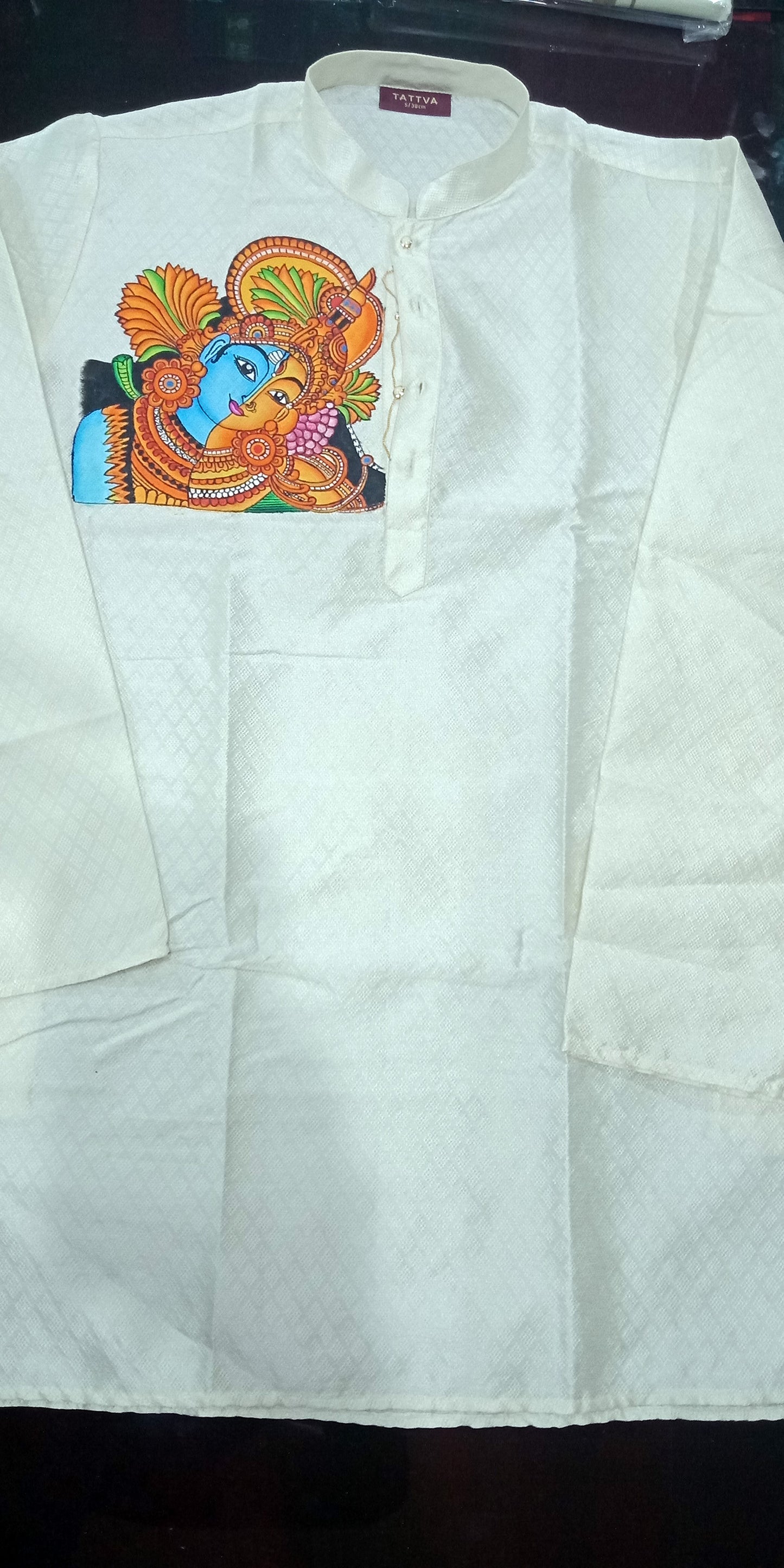 Ardhanarishvara shiva parvathi hand mural painting on cream silk kurta