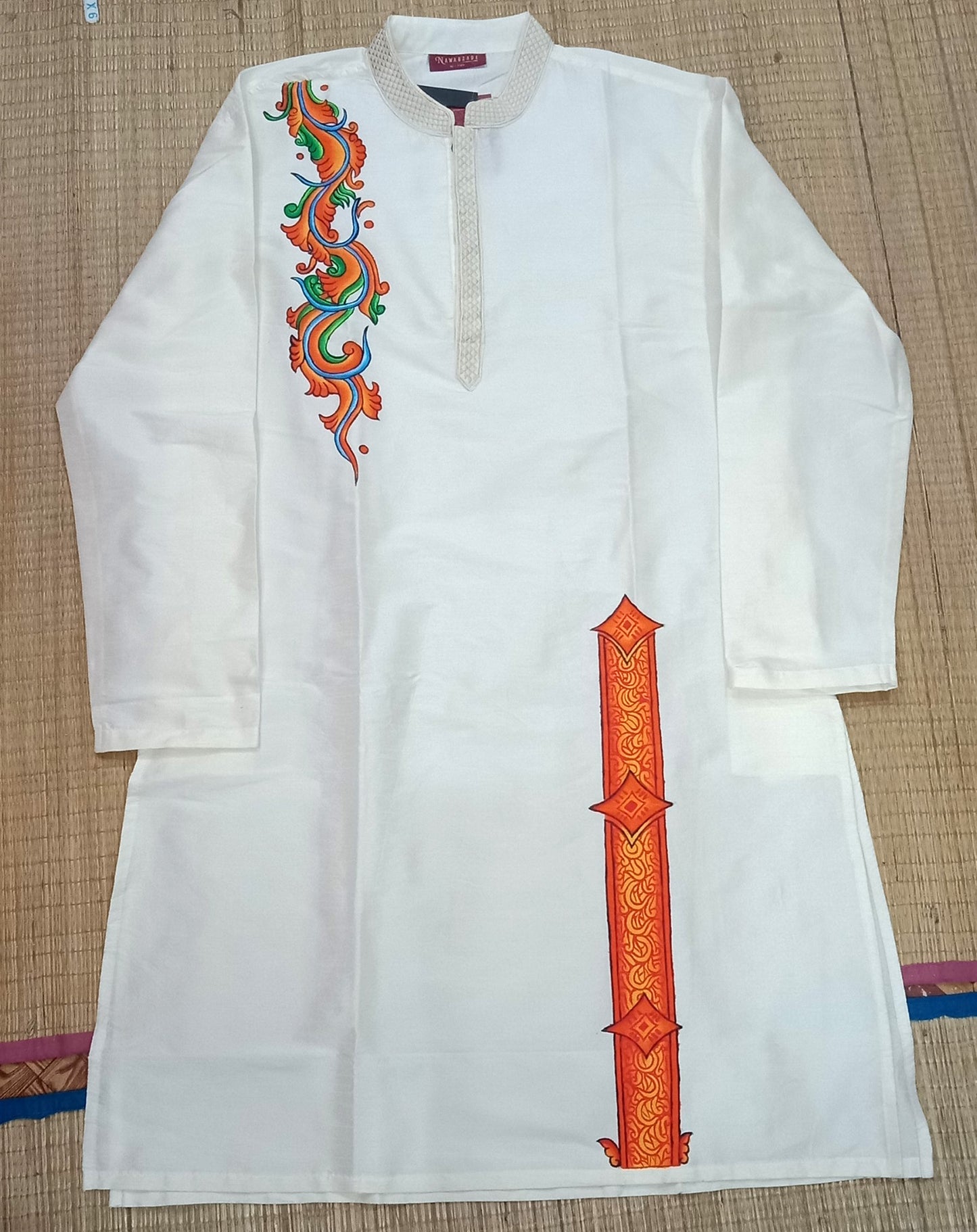 Floral design hand mural painting on cream silk kurta