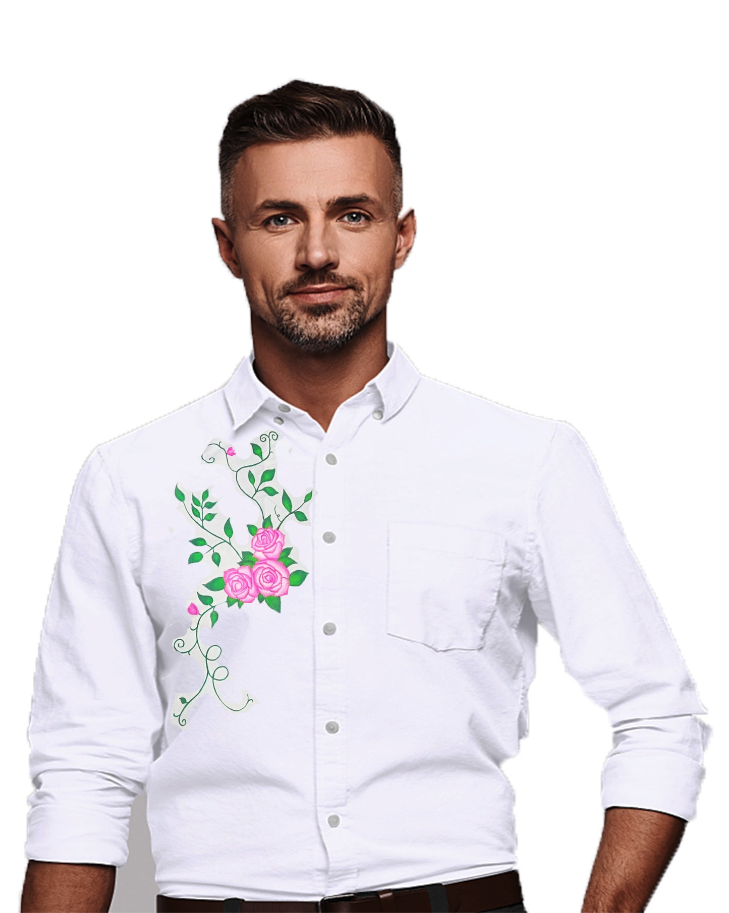 Flowers with leaf hand painting design on white shirt