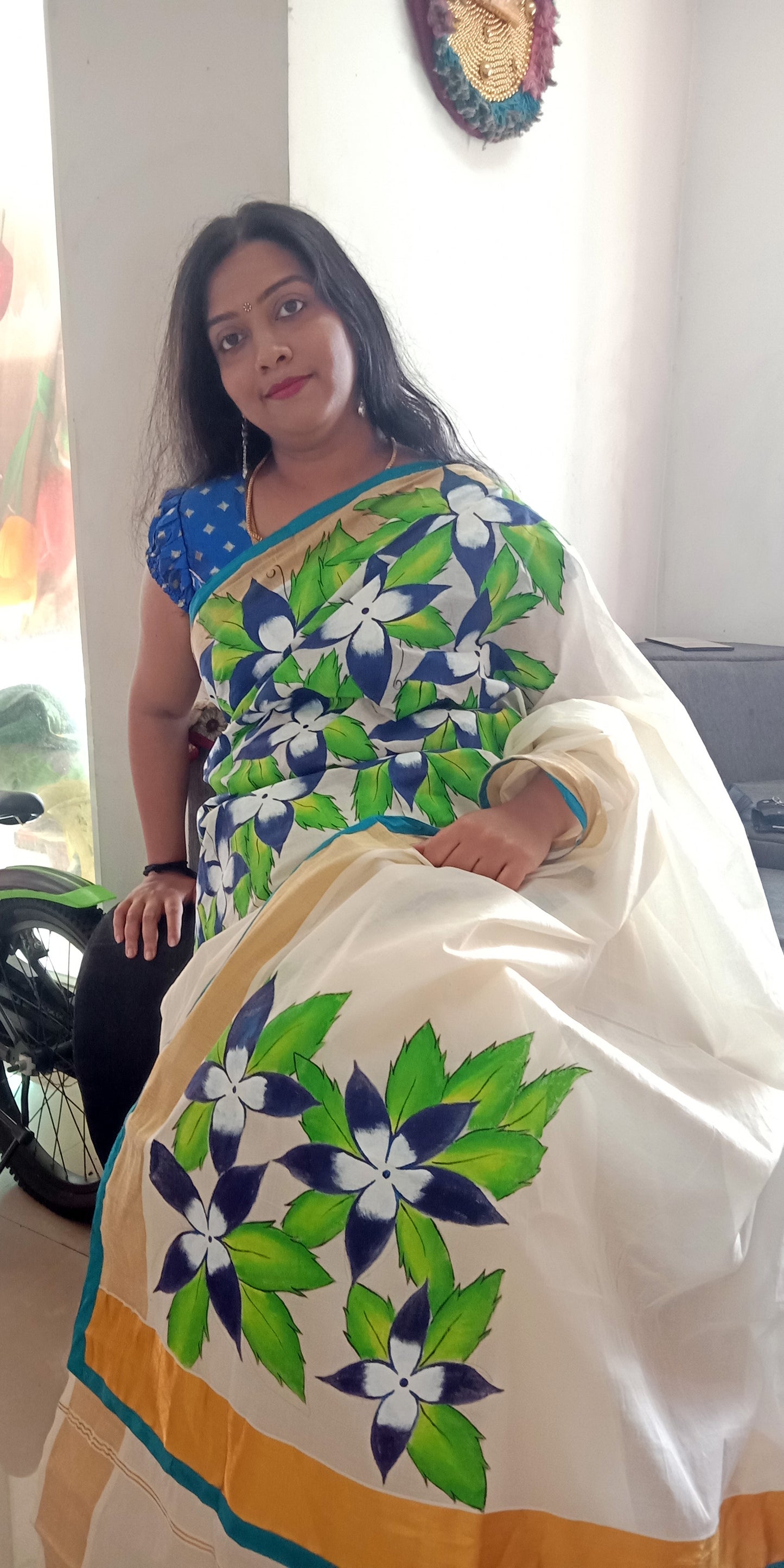 Flower design hand painting kerala kasavu cotton saree