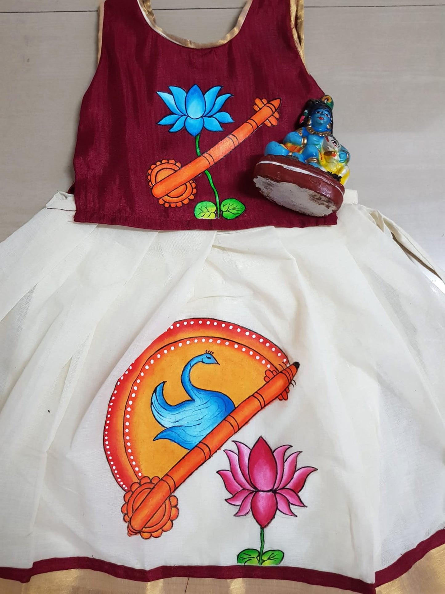 Lotus veena design hand mural painting girls frock