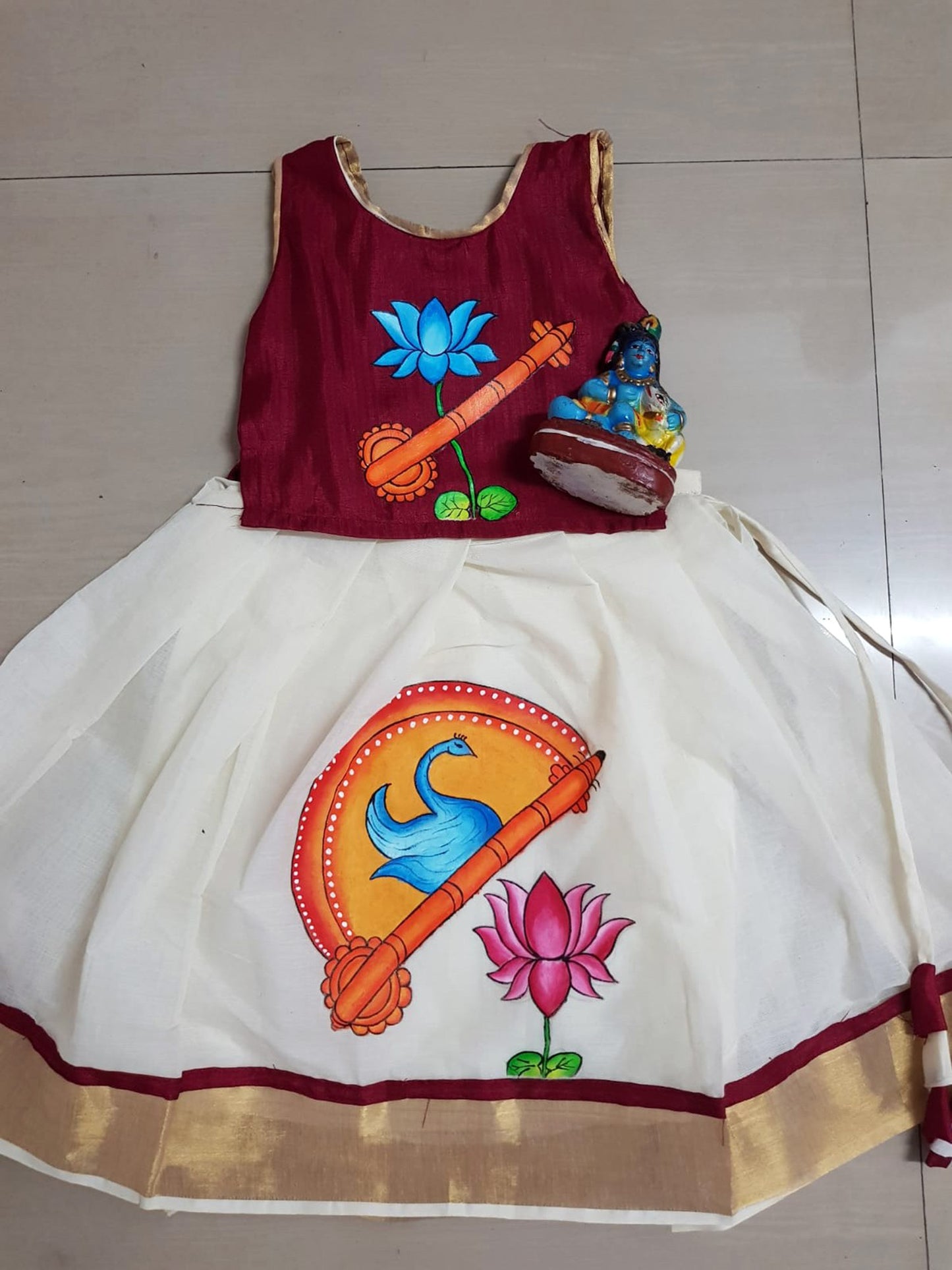 Lotus veena design hand mural painting girls frock