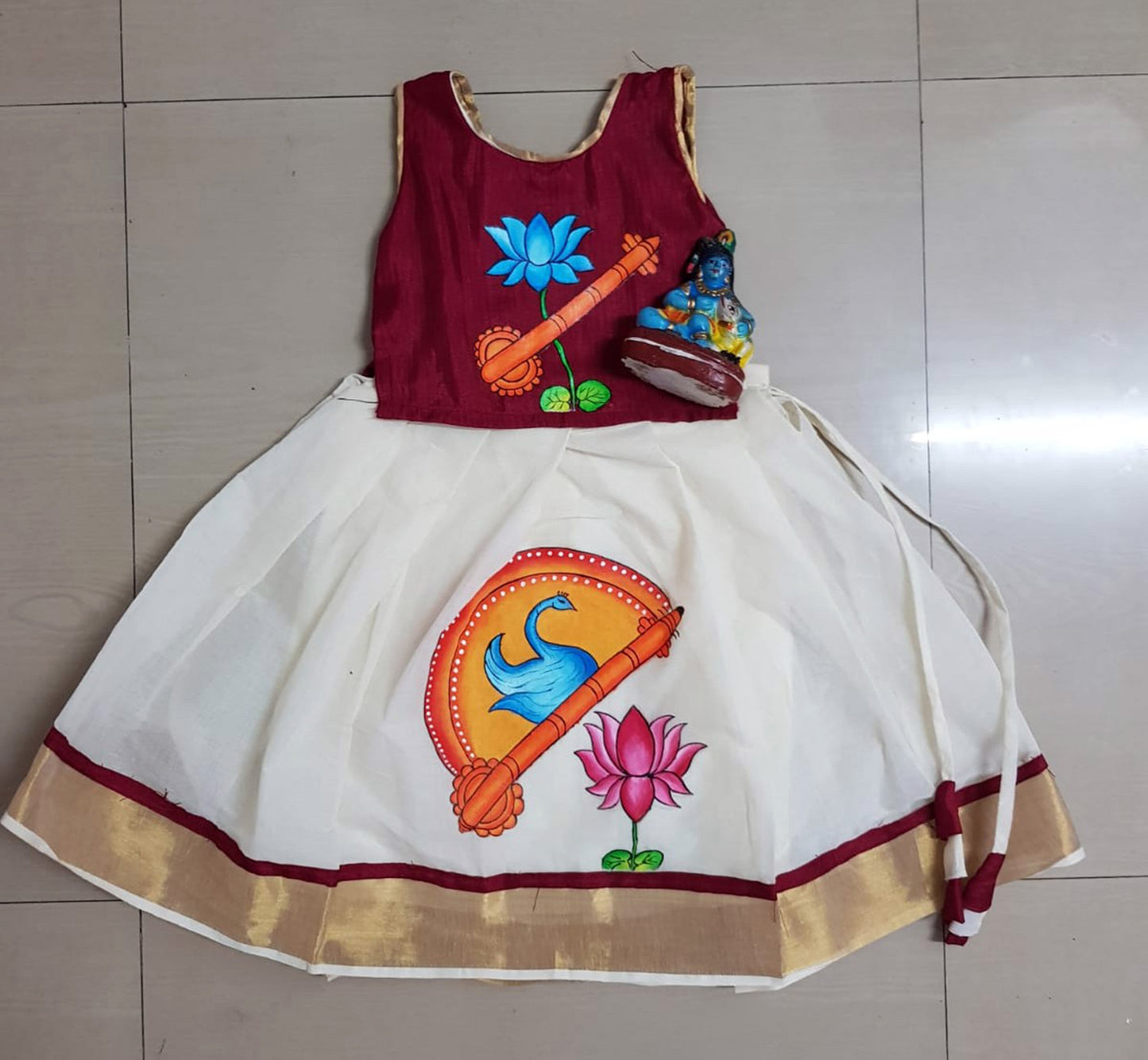 Lotus veena design hand mural painting girls frock
