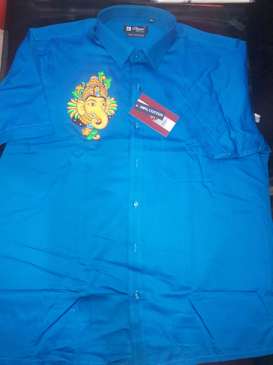 Ganapathi hand mural painting on blue cotton shirt