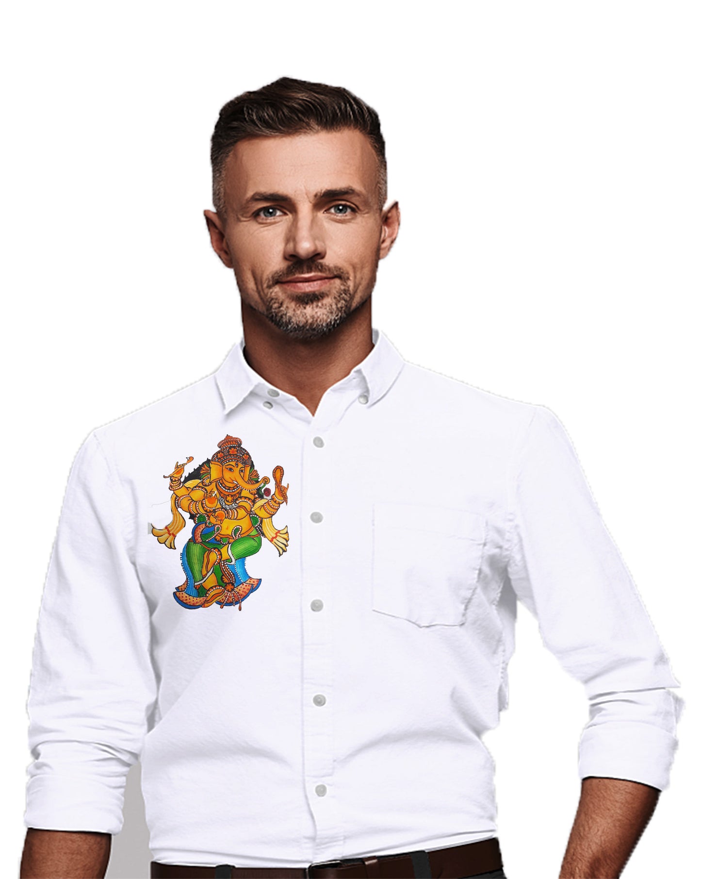 Standing Ganapathi hand mural painting on white cotton shirt