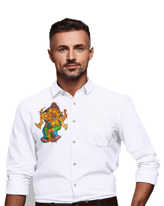 Standing Ganapathi hand mural painting on white cotton shirt