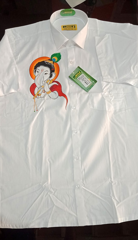 white shade Ganapathi hand mural painting on white shirt