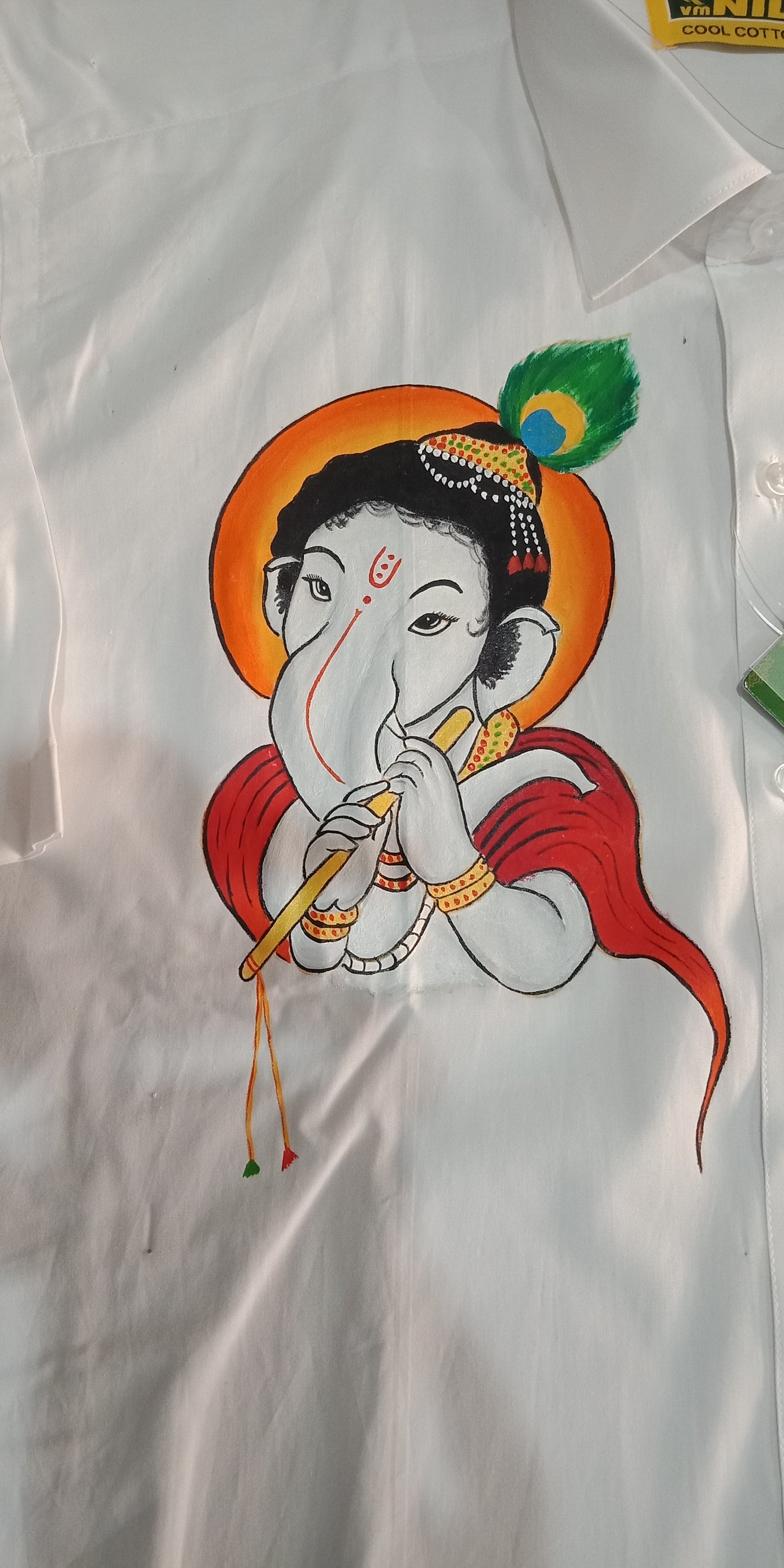 white shade Ganapathi hand mural painting on white shirt