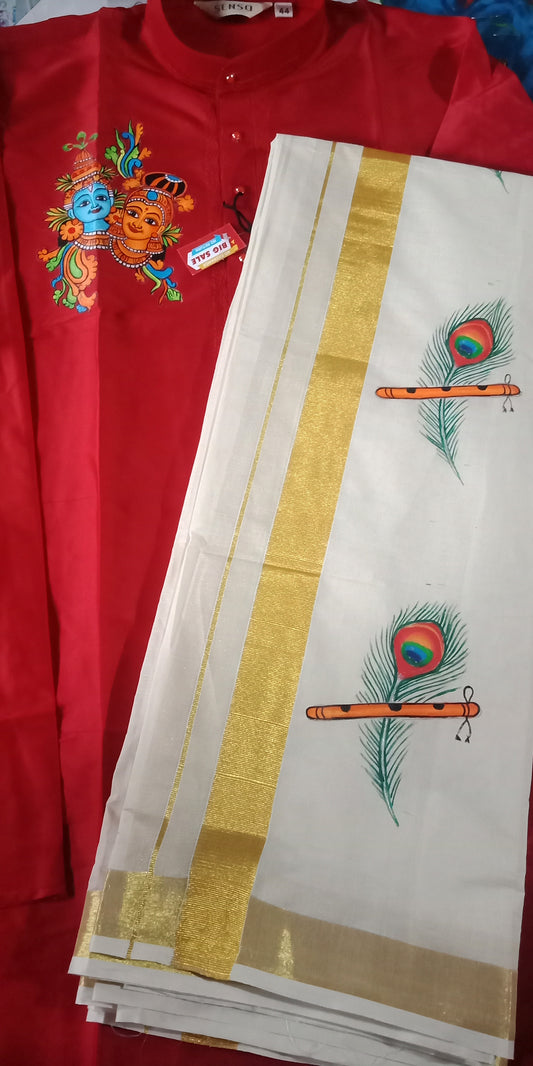 Krishna Radha hand mural painting on red silk kurta