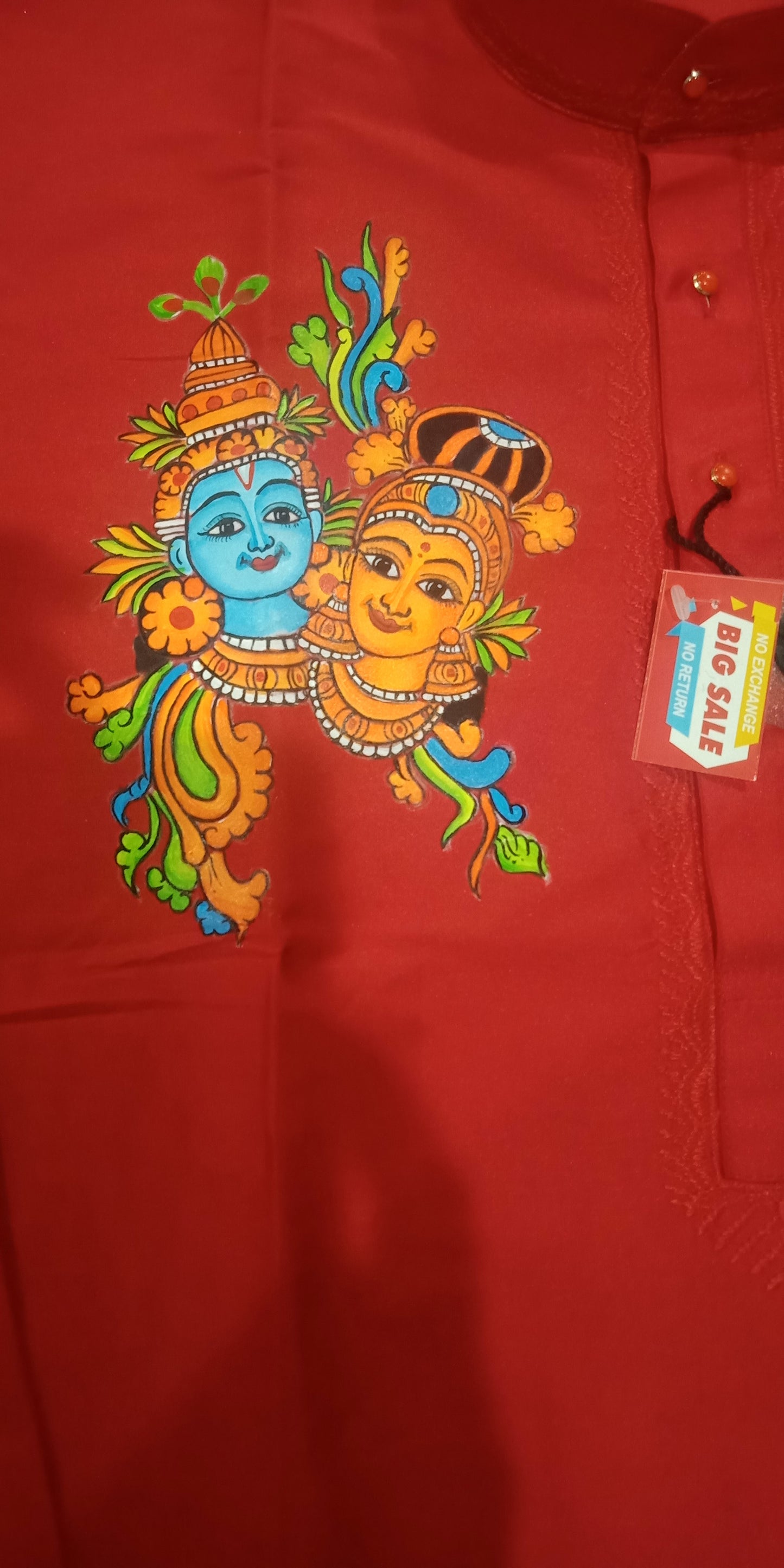 Krishna Radha hand mural painting on red silk kurta