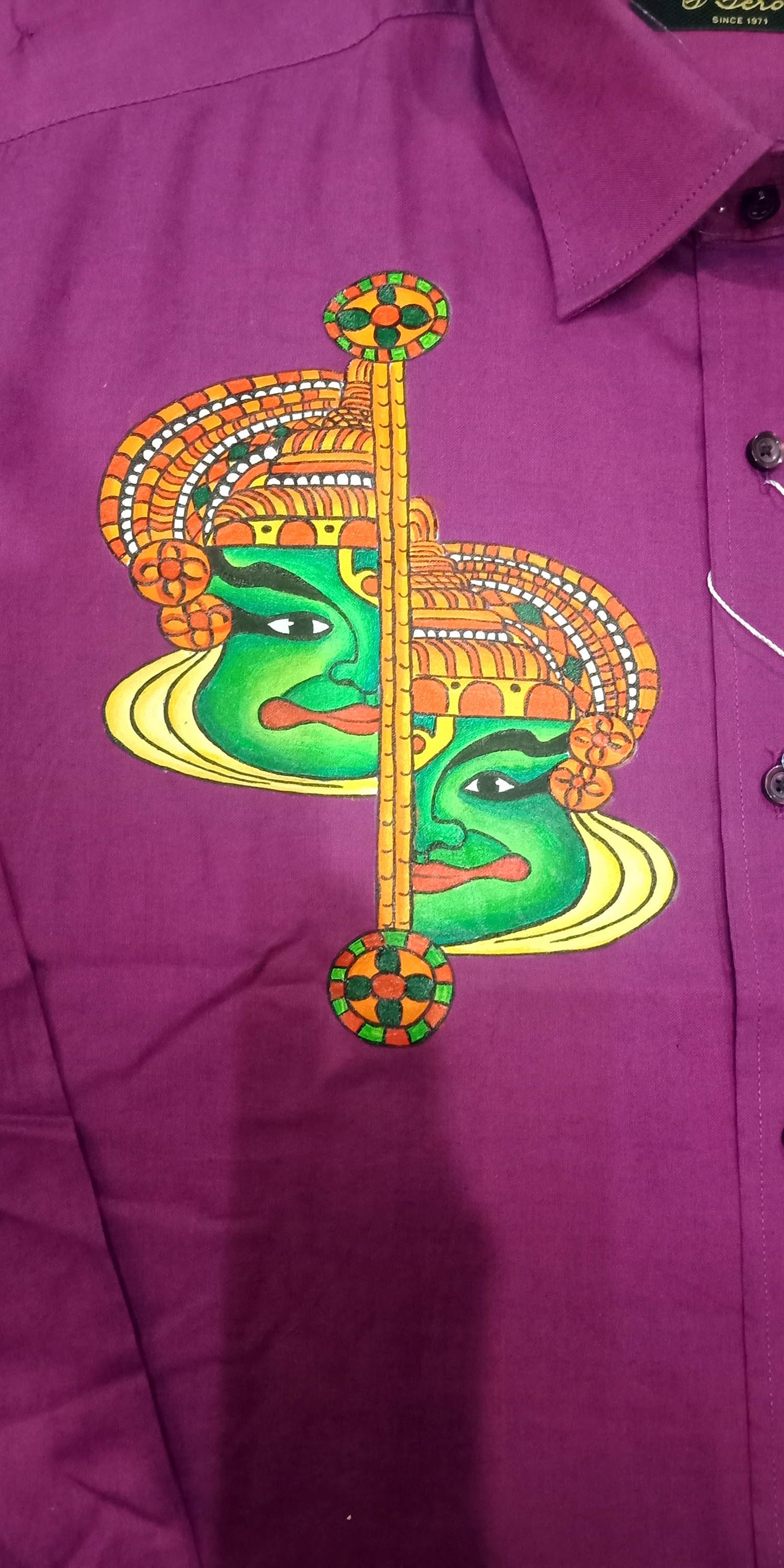 Half kathakali hand mural painting on pink cotton shirt