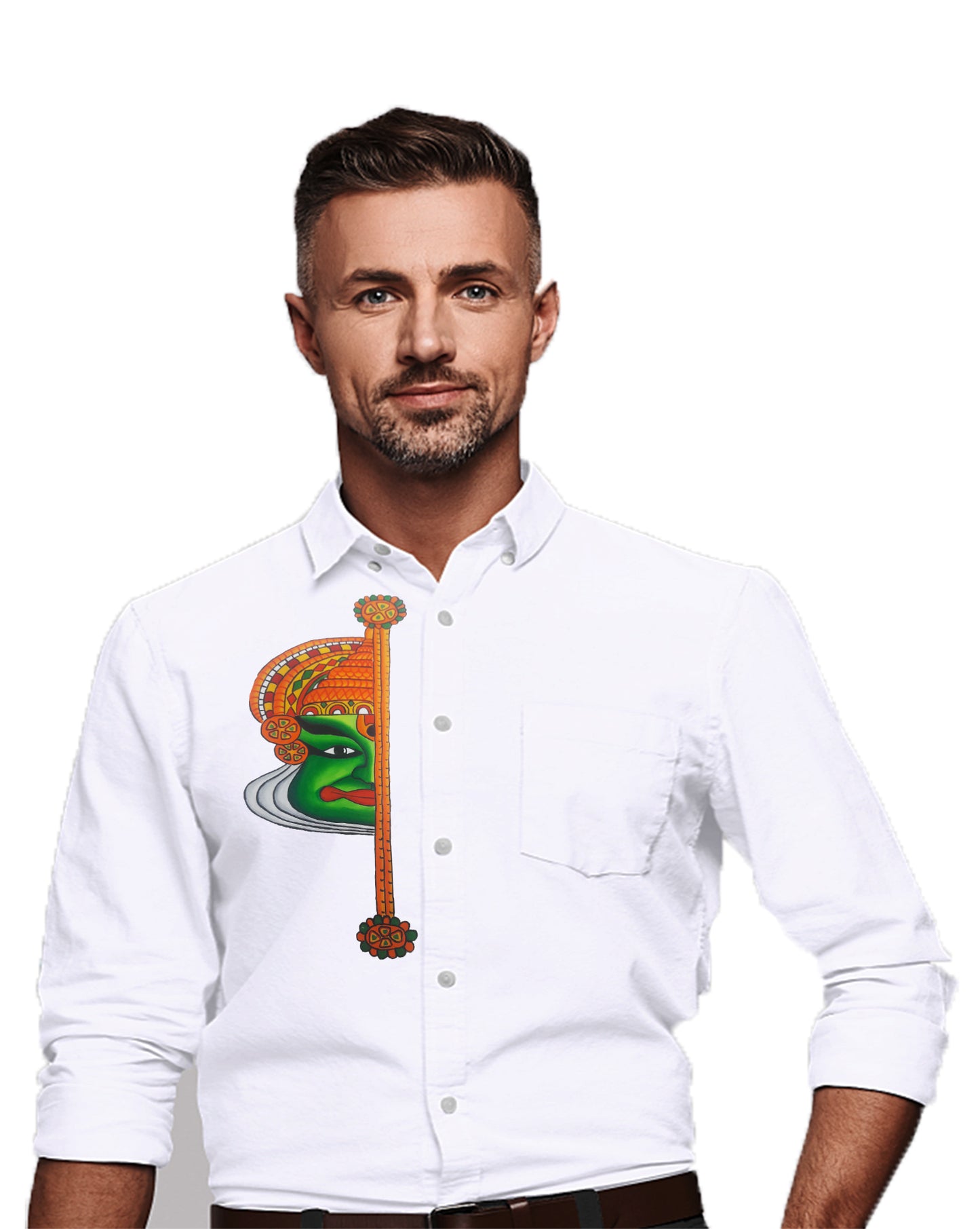Half kathakali hand mural painting on white shirt