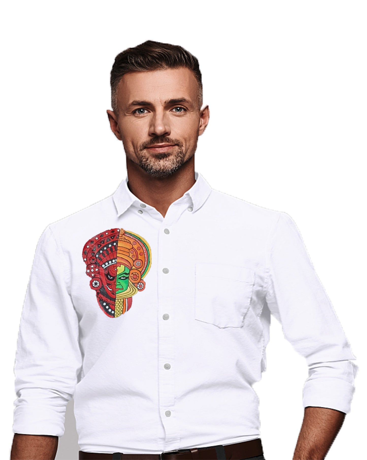Half Kathakali Thayyam hand mural painting on white cotton shirt