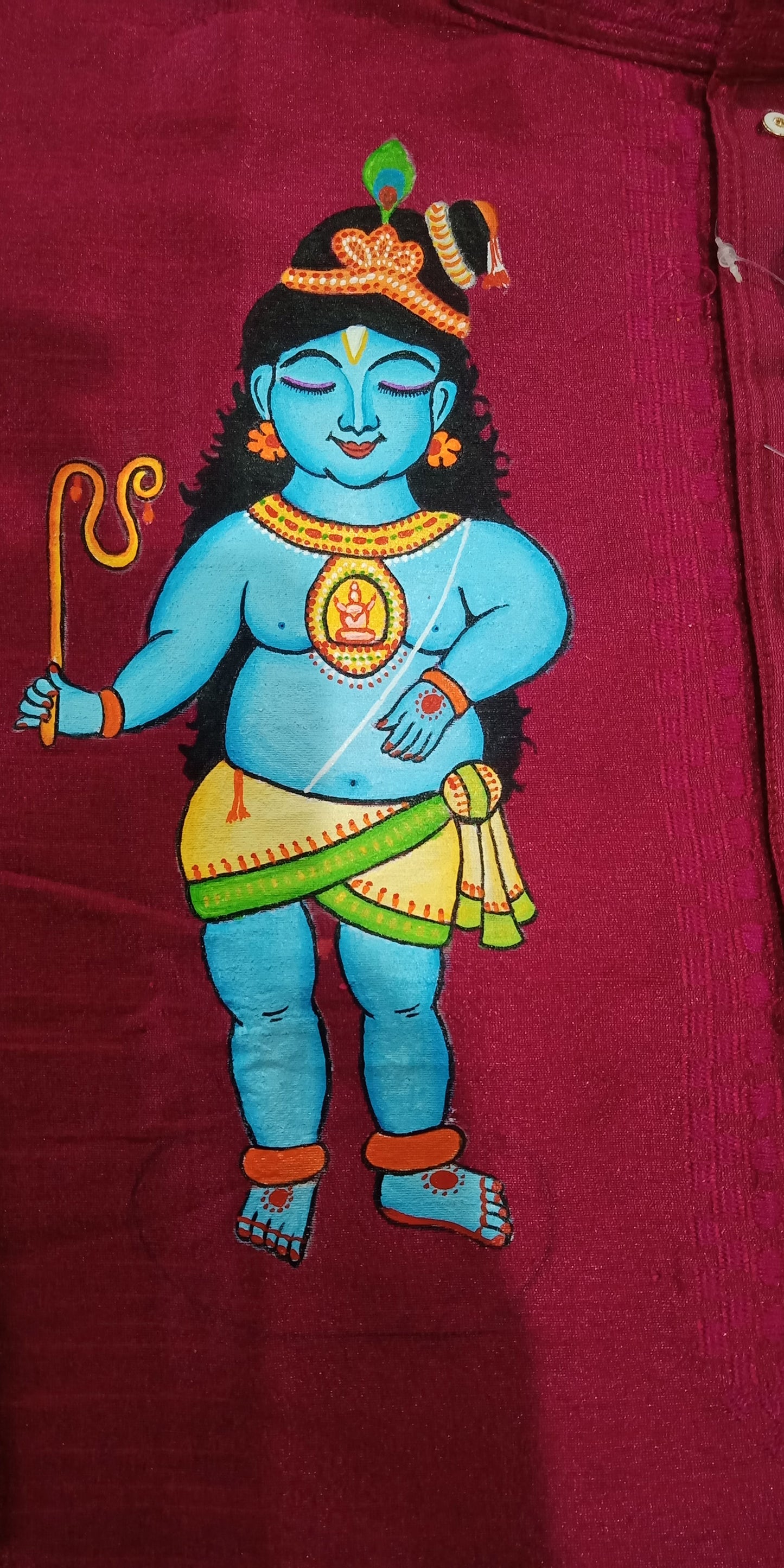 Standing krishna hand mural painting on maroon silk kurta