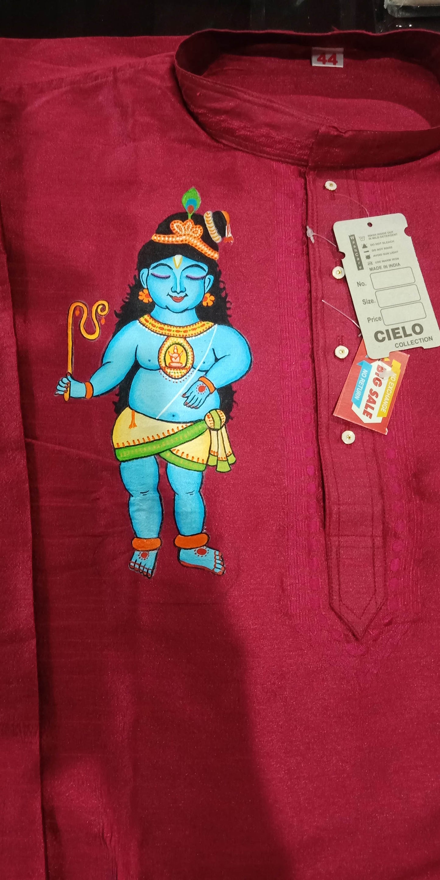 Standing krishna hand mural painting on maroon silk kurta