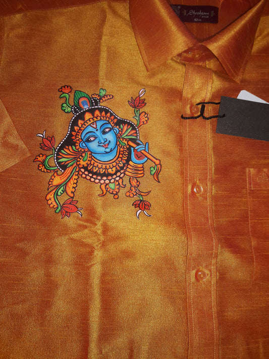 Cute krishna face hand mural painting on yellow silk shirt