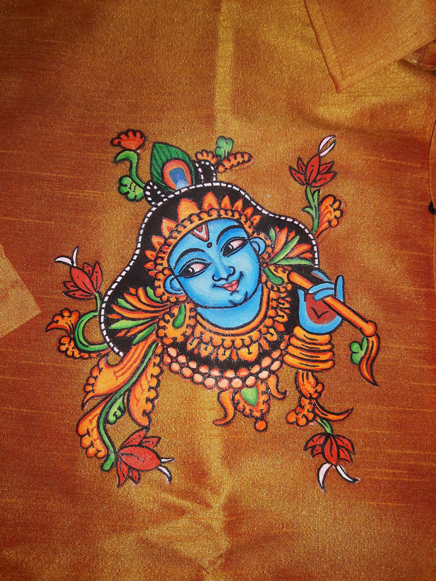 Cute krishna face hand mural painting on yellow silk shirt