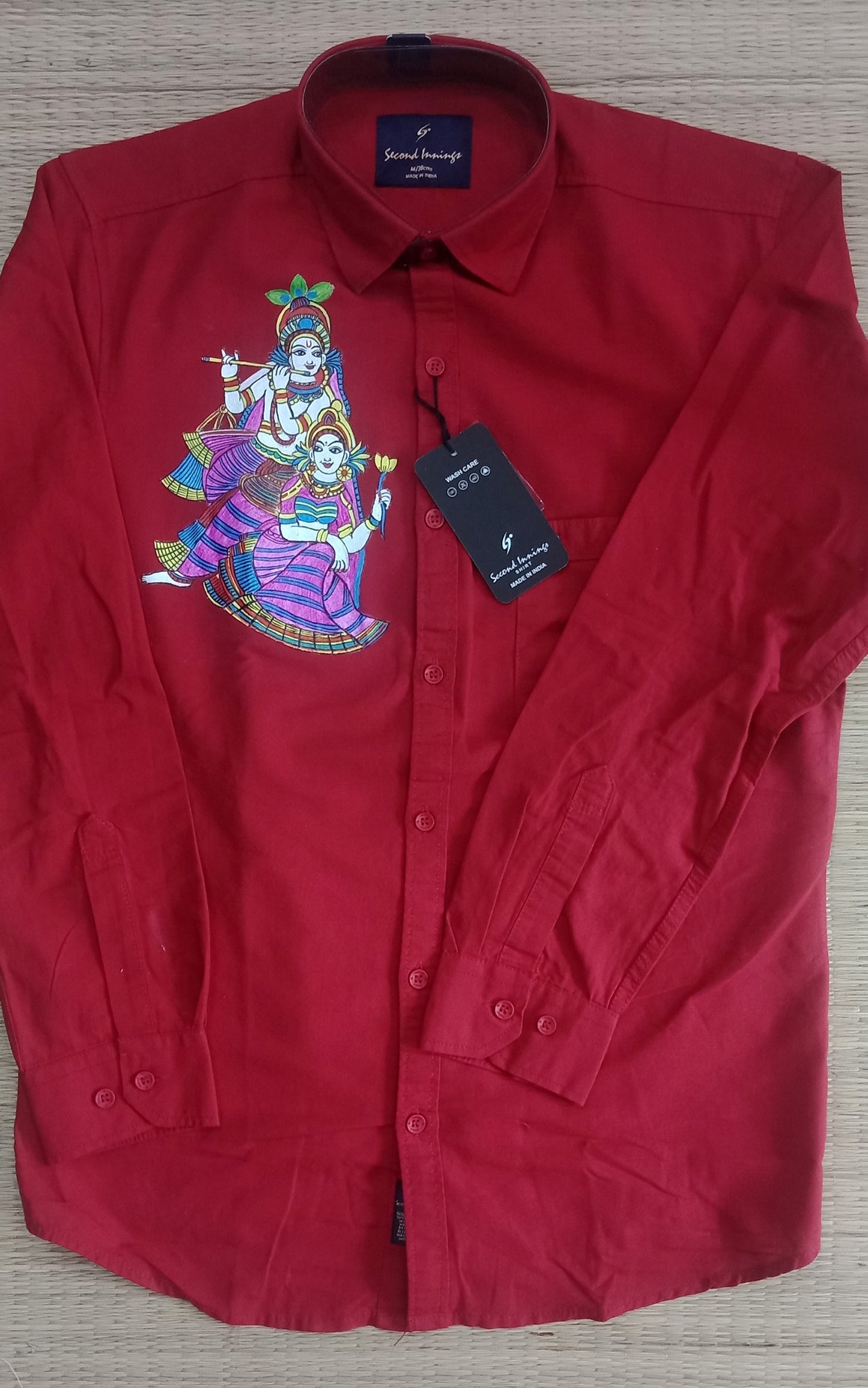 Cute krishna radha hand mural painting on red cotton shirt