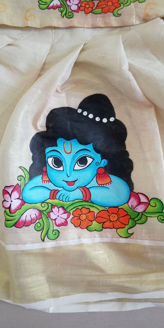 Cute krishna face hand mural painting on kerala tissue pattu pavada