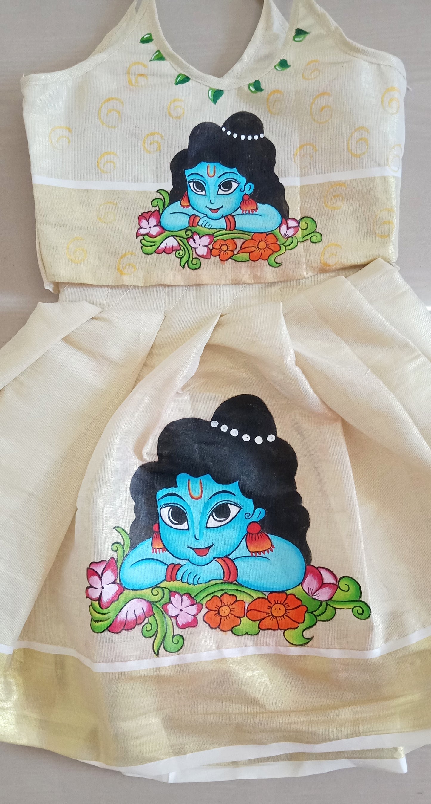 Cute krishna face hand mural painting on kerala tissue pattu pavada