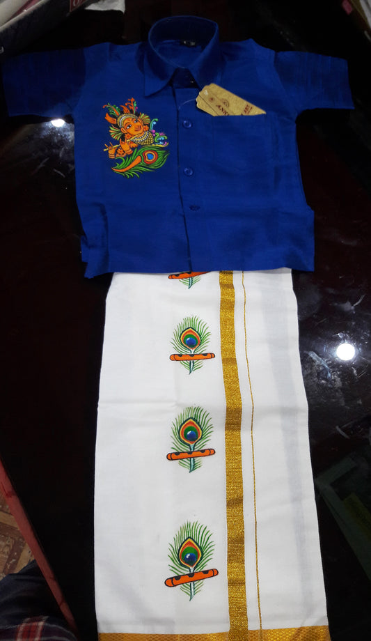 Krishna with peeli hand mural painting on blue kids shirt with peeli mundu