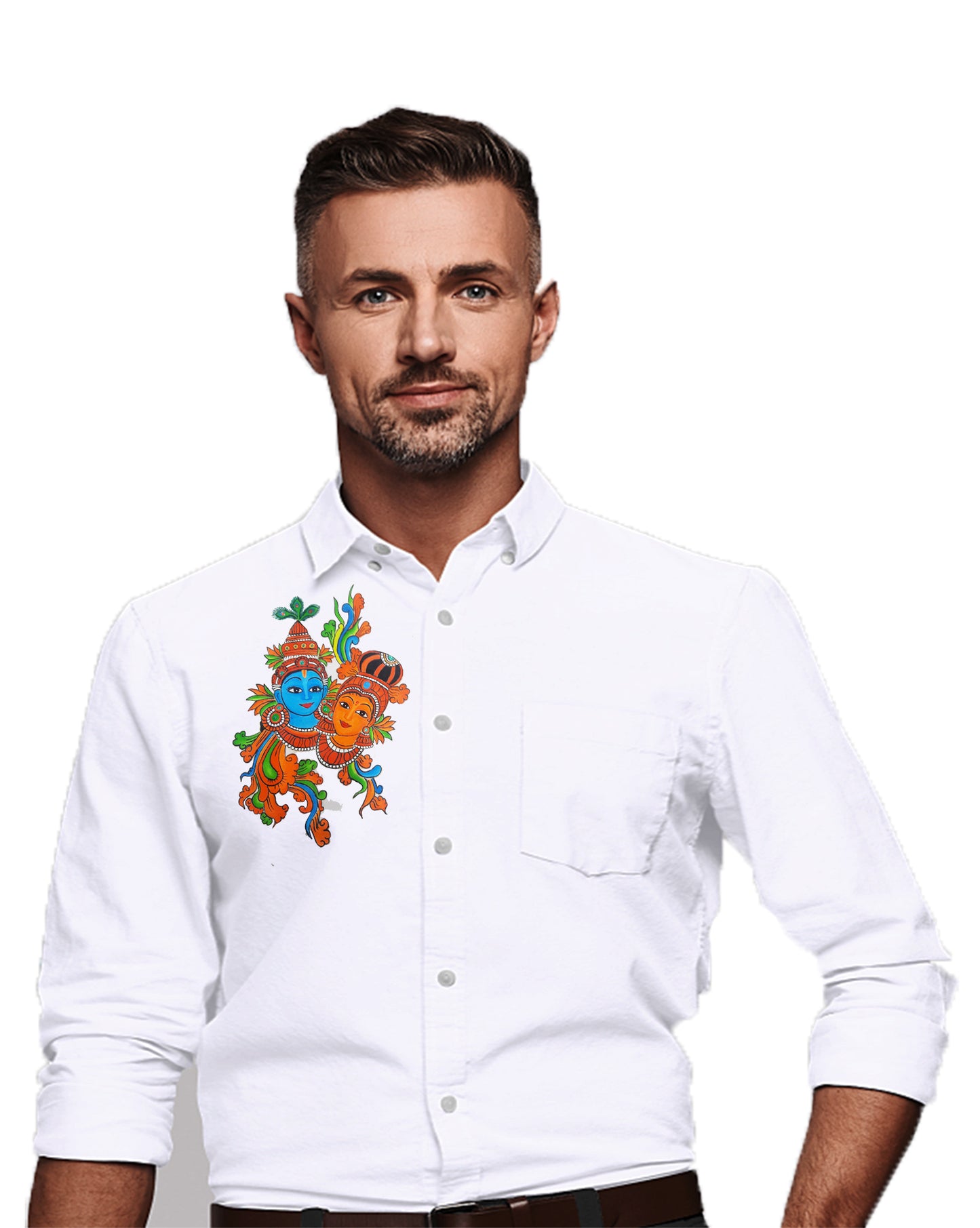 Krishna Radha design hand mural painting on white shirts