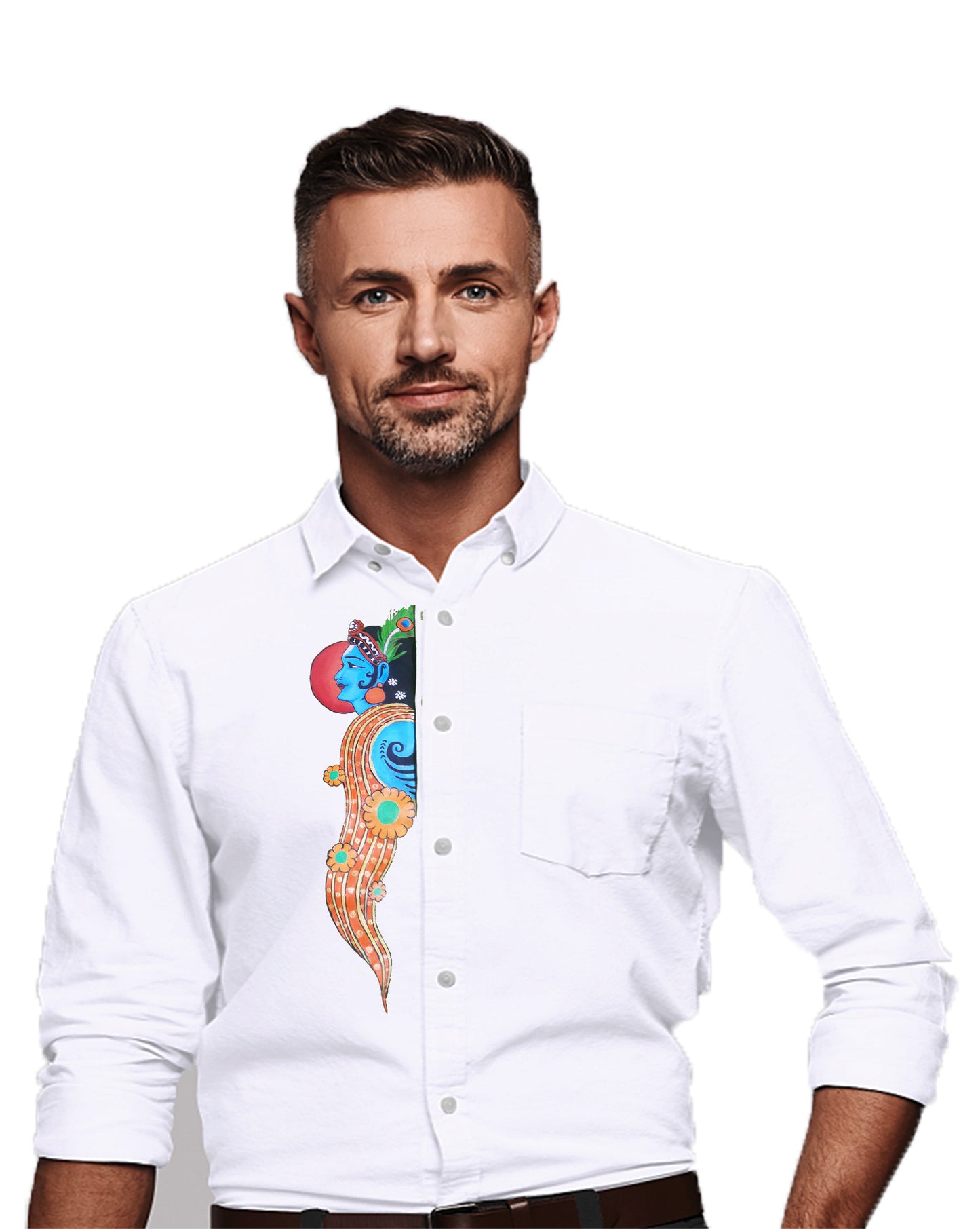 Beautiful side face krishna hand mural painting on white shirts