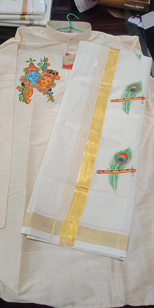 Krishna Radha hand mural painting on cream silk kurta with peeli mundu