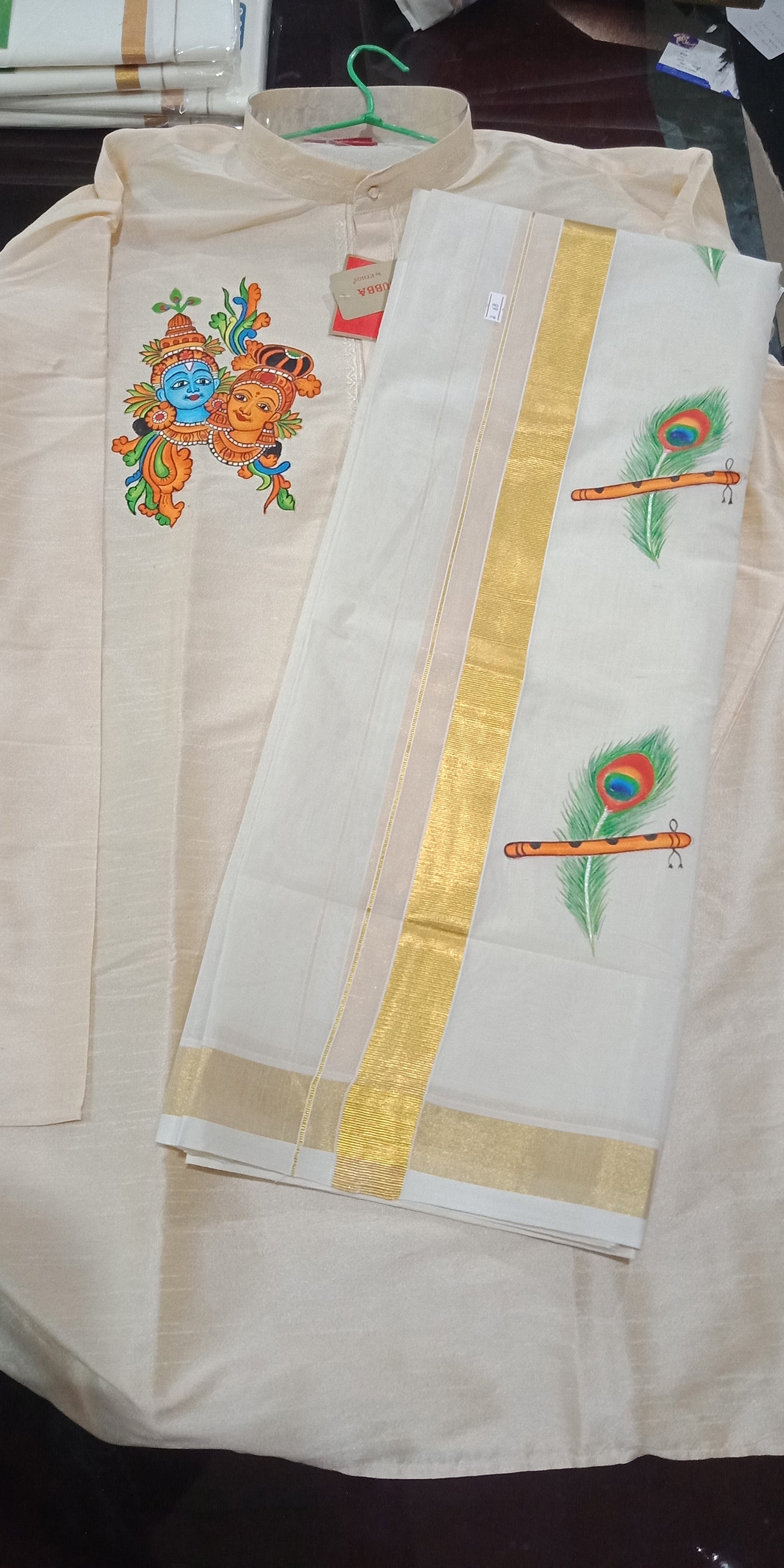 Krishna Radha hand mural painting on cream silk kurta with peeli mundu