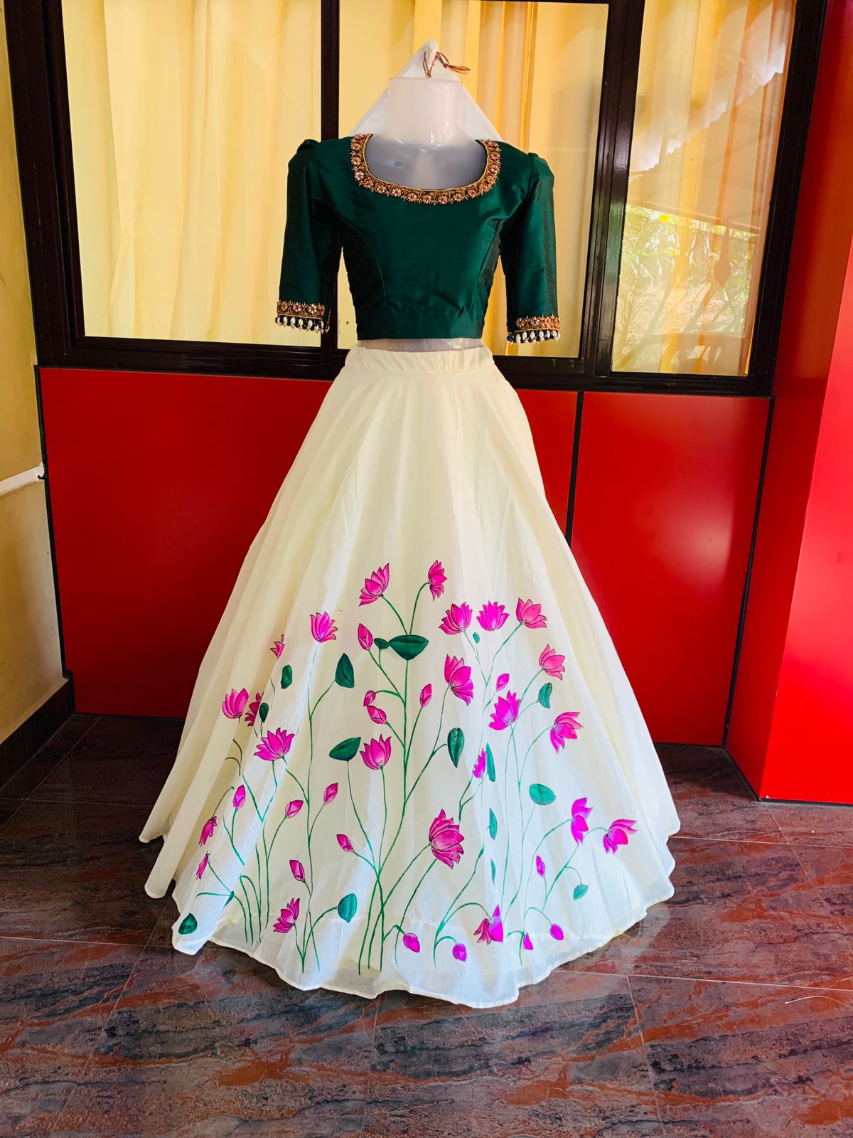 Big Pink Lotus with leaves hand painting kerala style kasavu pavada