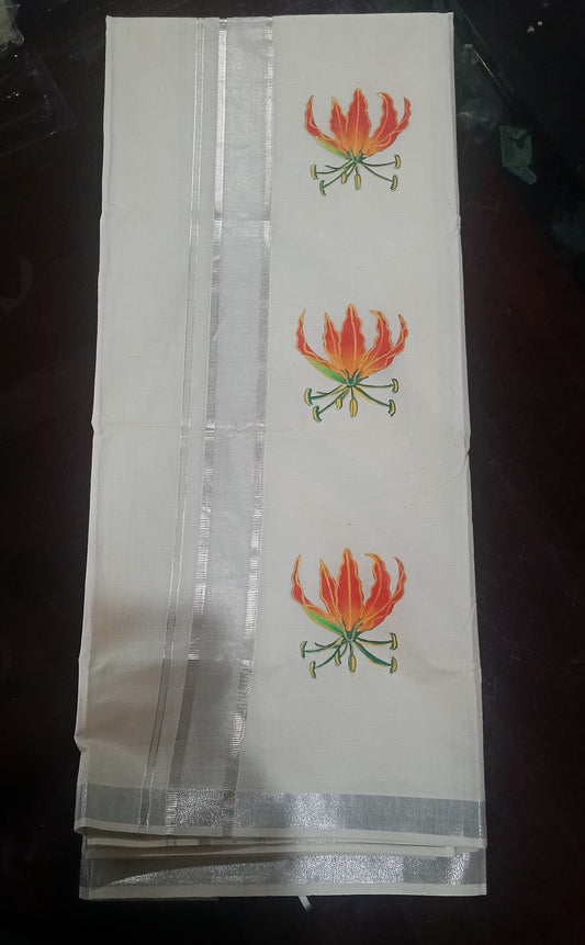Karthikai poo hand painting on silver kara mundu