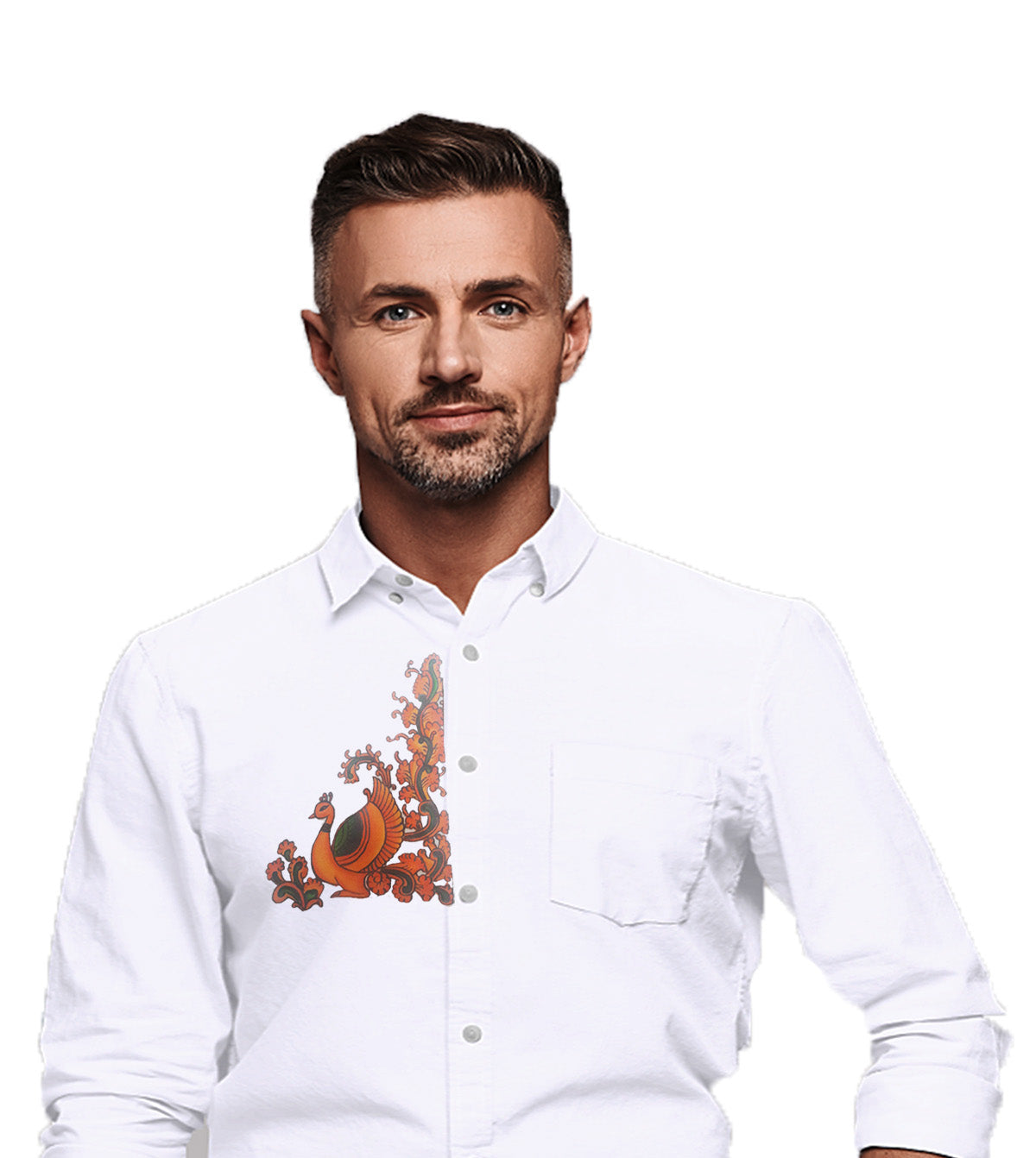 Peacock design hand mural painting on white shirt