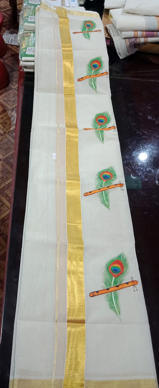 Mazhilpeeli hand mural painting on kasavu mundu - 4meter