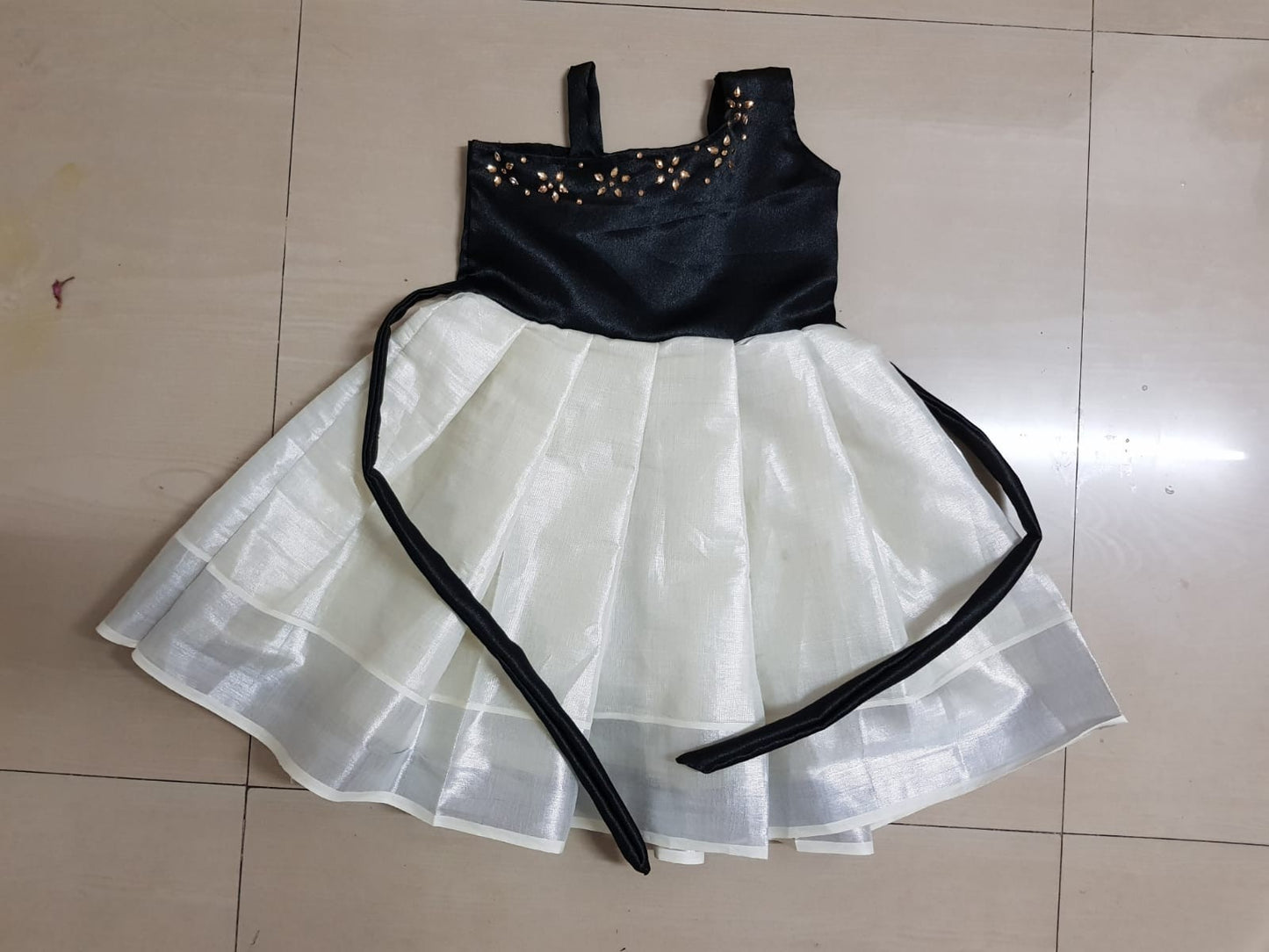 Black hand work designer kerala silver tissue girls frock