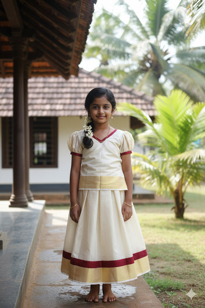 Kerala tissue pattu pavada with maroon velvet border for kids