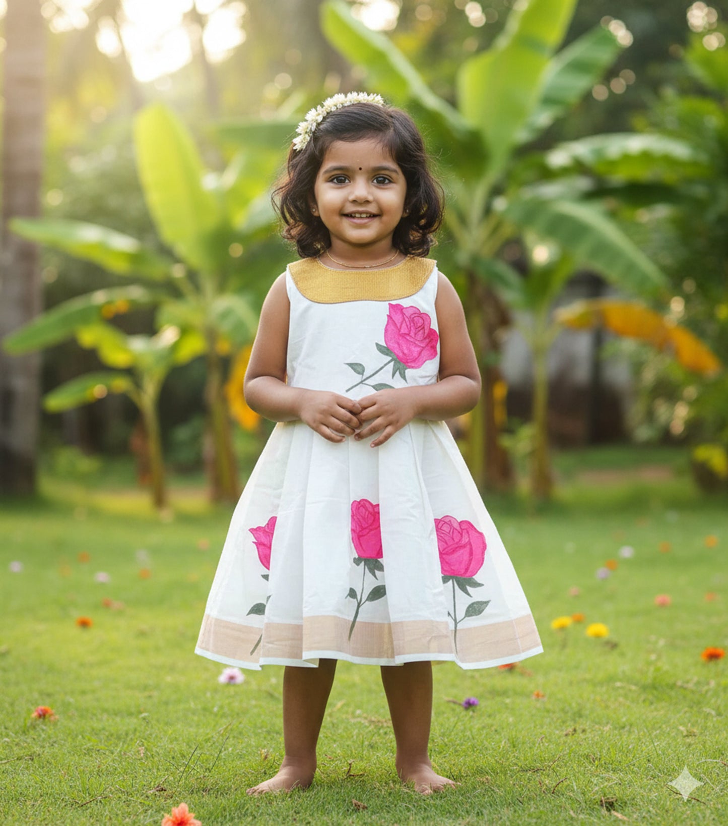 Rose hand mural painting with lace design kerala kasavu frock for kids