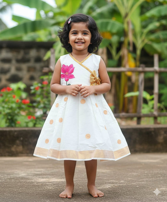 Lotus hand mural painting with bow design kerala kasavu frock for kids