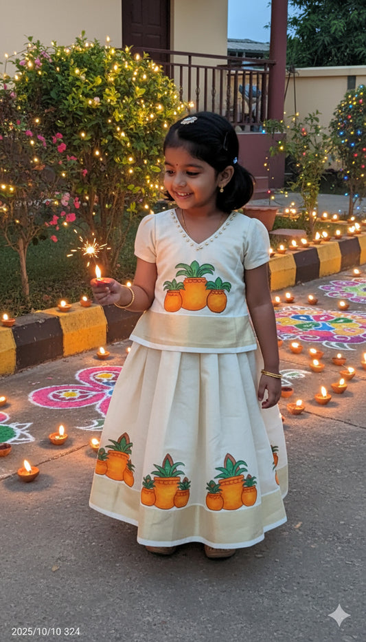 Deepavali kalash hand mural painting design kerala tissue kids pattu pavada