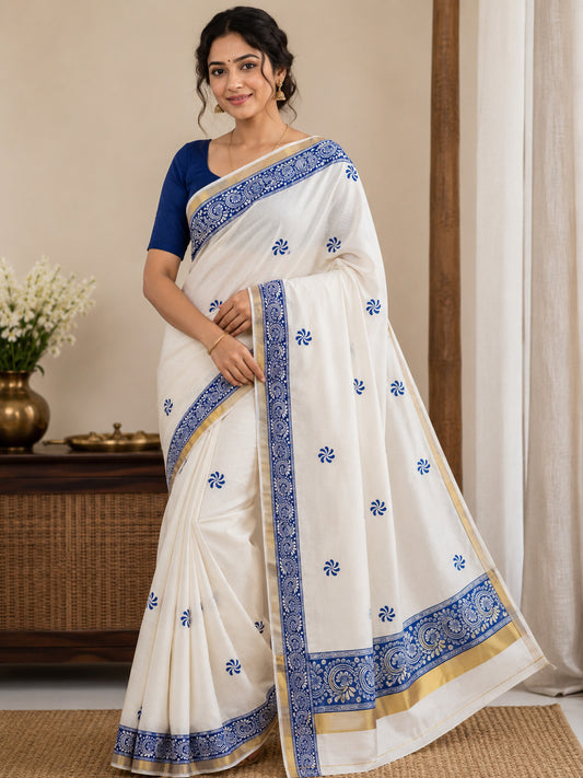 Traditional flower design premium quality kerala cotton kasavu saree