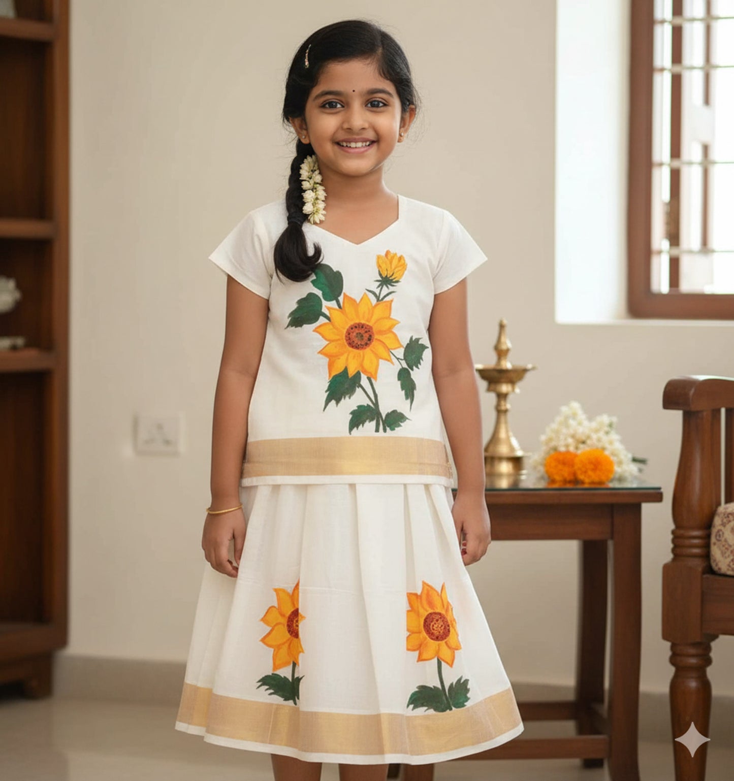 Sunflower designer hand mural painting kerala pattu pavada for kids