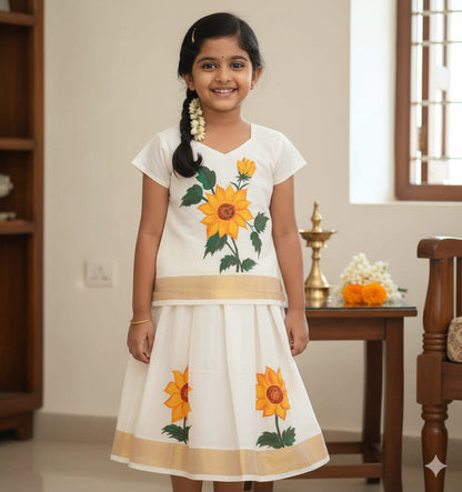 Sunflower designer hand mural painting kerala pattu pavada for kids