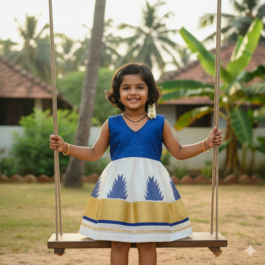 Printed blue temple border design kerala kasavu frock for kids